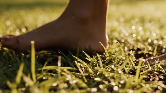 A bare foot gently steps on dewy green grass under warm morning light.