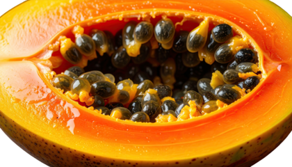Close-up of a halved, ripe, orange fruit with dark seeds
