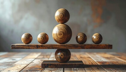 Wooden spheres precisely balanced on a rustic wooden seesaw structure.