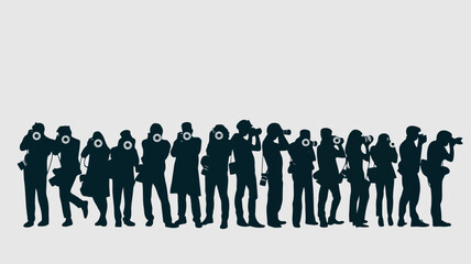 Naklejka premium A diverse group of silhouetted photographers holding cameras and capturing moments against a clean light gray background