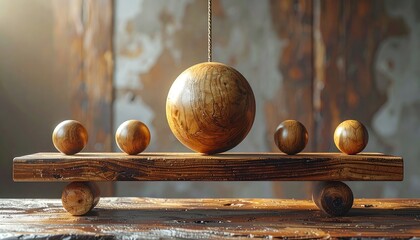 A delicate wooden balance scale featuring a large central sphere suspended by a rope.