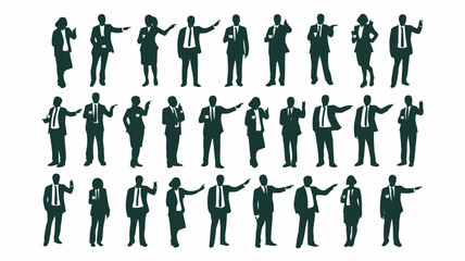 Diverse group of business professionals in silhouette men and women in suits pointing and gesturing in various poses