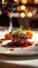 Gourmet steak presentation with bokeh background and wine glass.