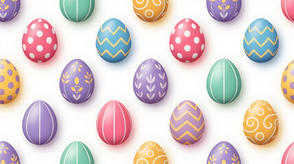 Colorful easter eggs with various patterns on white background
