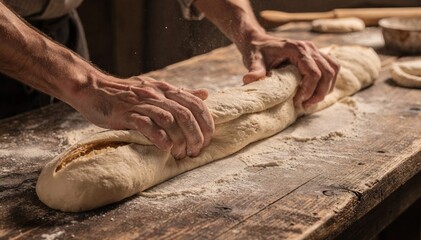Closeup of skilled bakers hands shaping a single artisan baguette on a wellfloured wooden bench highlighting tactile dough preparation and traditional techniques.