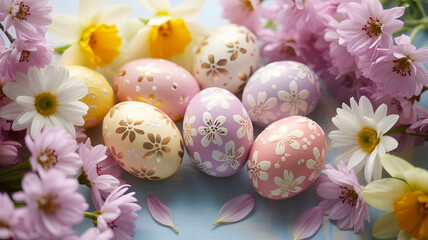 Fototapeta premium Beautifully decorated easter eggs nestled amongst delicate spring cherry blossom flowers