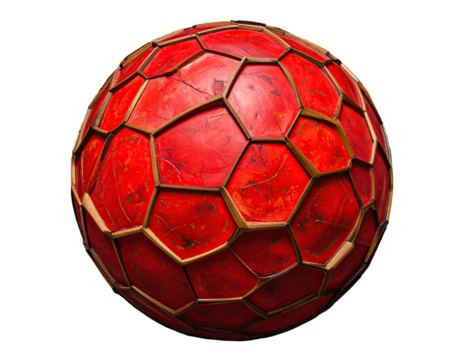 A textured, spherical object composed of red hexagonal plates and bronze trim - Powered by Adobe