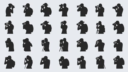 Collection of diverse silhouette figures capturing moments with cameras in various poses and styles