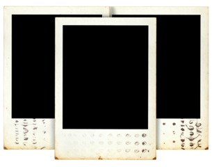 Three aged instant photos with black screens arranged slightly overlapping