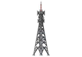 Telecommunications tower with antennas standing tall in a technological landscape viewed from a low angle