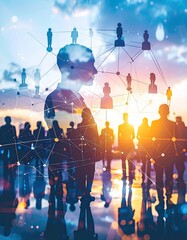 Double exposure image illustrating a professional silhouette overlaid with a digital network connecting abstract human figures against a vibrant sunset.