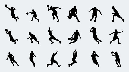 Obraz premium Collection of dynamic black basketball player silhouettes in various action poses on a plain background