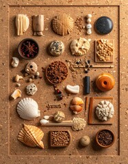 An artistic flat lay arrangement of natural and crafted objects on a cork board background.