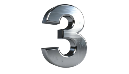 A 3D rendered, metallic number "3" floats against a stark black background. It appears to be made of brushed steel