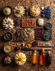 A vibrant overhead collection of natural ingredients, herbs, spices, flowers, and oils on a textured brown background.
