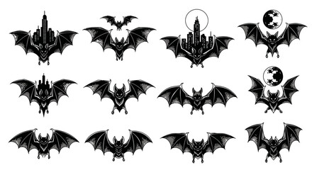 Collection of Black Bat Silhouettes and Icons.