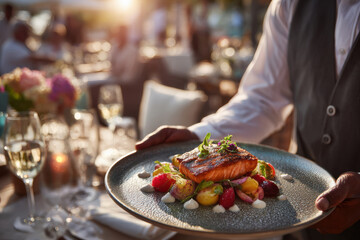 The hands of a waiter serve an exquisite dish on a large plate in a restaurant on a summer terrace