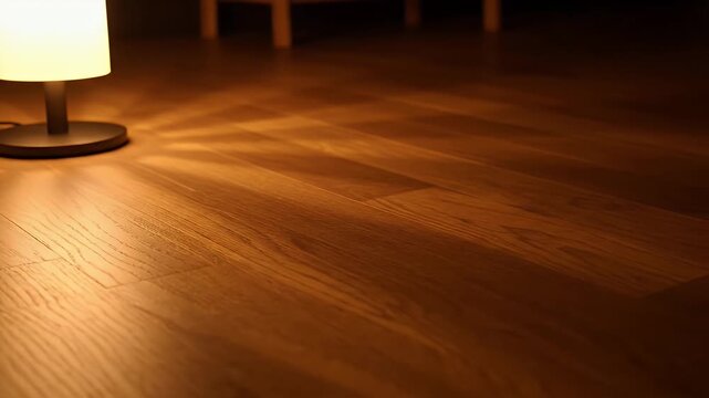 Warm Table Lamp Casts Geometric Light Patterns on Polished Wooden Floor in a Dimly Lit Room