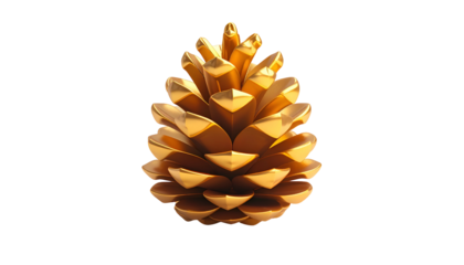 A 3D render of a golden, intricately detailed pine cone against a stark black background. It appears shiny, crafted, and luxurious in its presentation