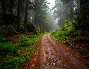Fototapeta premium Forest road winding through misty trees