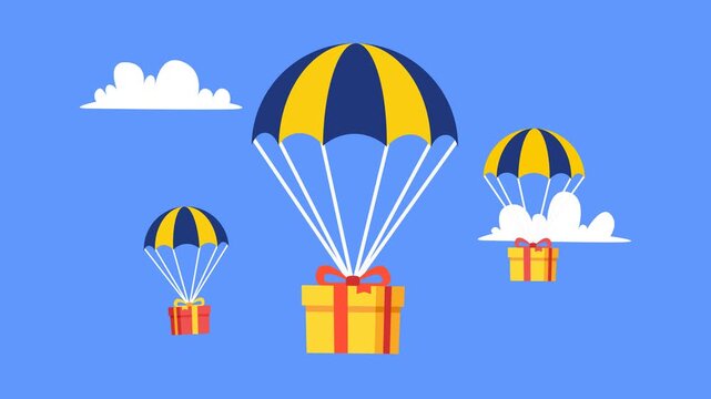 Animated parachutes delivering gift boxes from sky