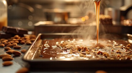 National Buttercrunch Day: Professional kitchen scene showing fresh buttercrunch toffee being made, molten golden caramel being poured onto baking sheet, steam rising, almonds and chocolate nearby