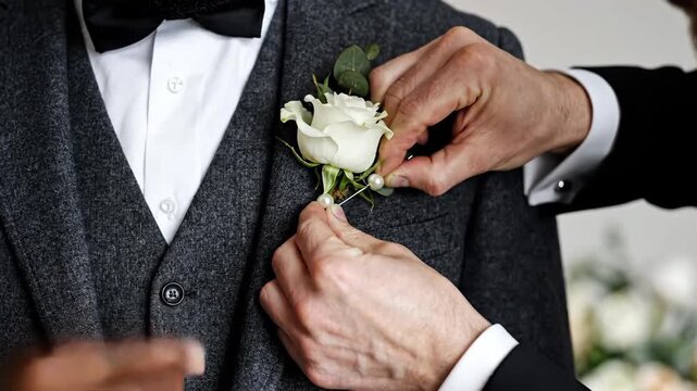 Close up of a person in a charcoal gray tweed suit with a white rose boutonniere being fastened by another person wearing a black tuxedo with satin lapels and cufflinks the lighting is soft and