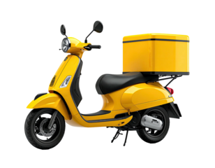 A bright yellow scooter with a food delivery box against a black background
