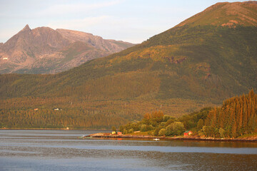Coastal landscape in the Holandsfjord in the evening light, Norway