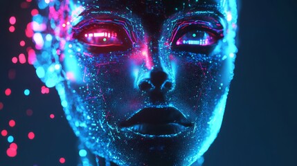 A futuristic female robot face incorporates vibrant eyecatching digital patterns, set seamlessly within vast cyberspace that seems to stretch endlessly. It embodies artistry and innovation beautifully