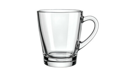 A clear, elegant glass coffee mug with a curved handle, resting on a black background. The cup's design is simple yet stylish