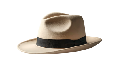 A classic cream-colored fedora hat, featuring a black band, against a stark black background. It appears well-shaped with soft textures