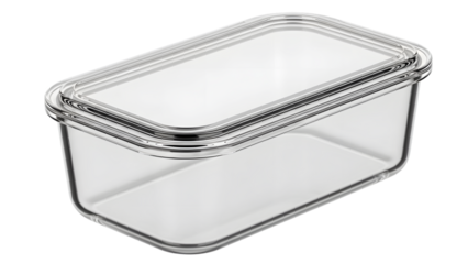 Clear glass rectangular food storage container with lid isolated on a transparent background clear glass container