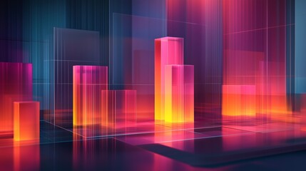 Fototapeta premium Abstract neon glowing geometric bars and blocks arranged in a dynamic, futuristic data visualization with vibrant gradient colors.