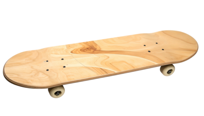 A close-up, isolated view of a wooden skateboard, slightly angled. It showcases the natural grain patterns and components