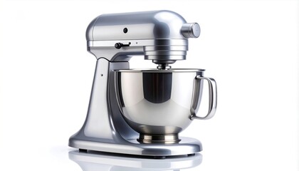 Silver KitchenAid Stand Mixer with Stainless Steel Bowl on White.