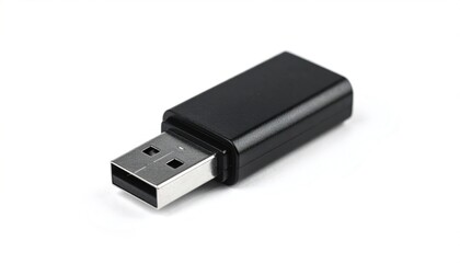 Black USB drive on white background for data storage.