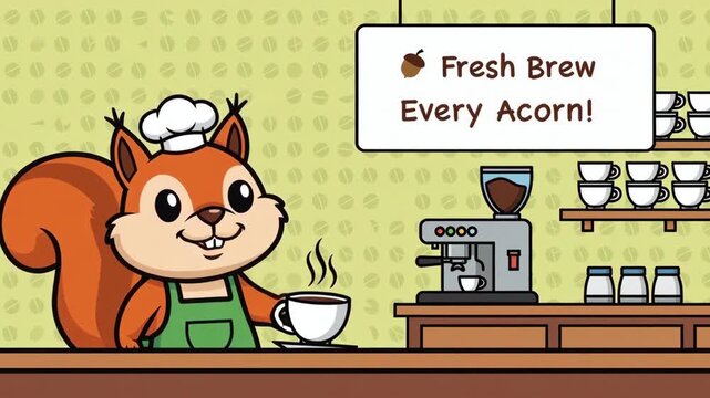 Cheerful squirrel barista prepares acorn coffee delight in cozy cafe setting