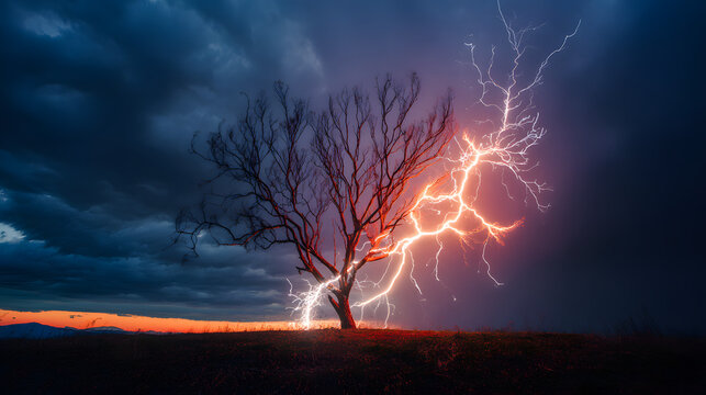 predictability. A solitary tree struck by lightning during a storm with dramatic sky. ESG reports, sustainability campaigns, designed for sustainability communications and ESG reporting.
