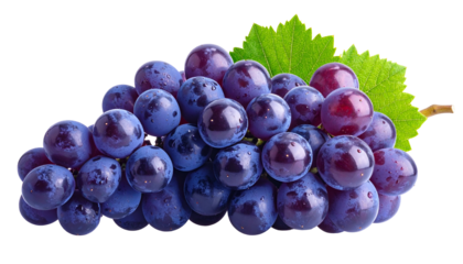 A close-up shot of a bunch of ripe, dark purple fruit with a vibrant green leaf and small stem, set against a transparent background