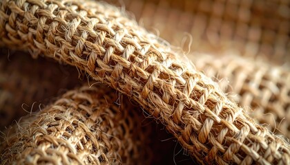 Extreme close-up shot revealing the coarse, woven texture of natural jute or burlap fabric.