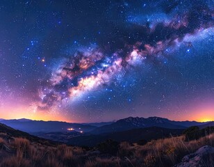 Naklejka premium A breathtaking view of the vibrant Milky Way galaxy stretching over a mountain range at twilight.