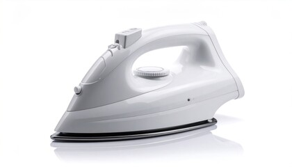 Close-up of a white electric iron on a white background.