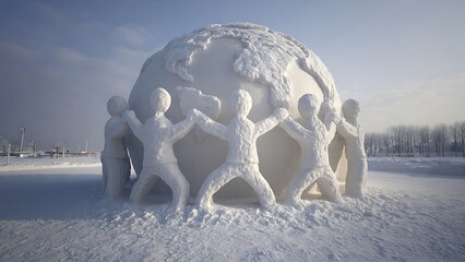 Impressive winter snow sculpture featuring figures embracing a globe, symbolizing global unity, environmental care, and collective responsibility for our planet