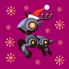 Fototapeta premium Robot Reindeer Wearing Santa Hat with Golden Snowflakes Abstract Flat Design Christmas Illustration on Magenta Background.