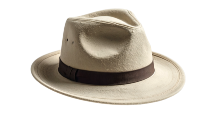 A close-up studio shot showcases a classic off-white hat, featuring a dark brown band and a slightly indented crown. The hat casts a soft shadow