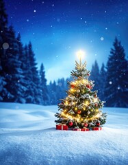 Obraz premium A brilliantly lit Christmas tree stands adorned with ornaments and gifts in a snowy, starlit forest at night.
