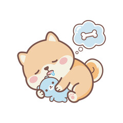 Sleeping shiba inu puppy sticker hugging plush toy with dream bone bubble for kids