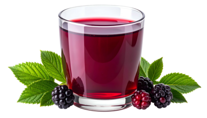 A close-up showcases a transparent glass filled with vibrant, dark red liquid alongside green leaves and plump black berries