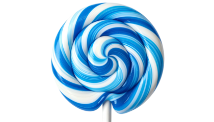 A close-up view presents a swirling, vibrant, and circular treat. Alternating bands of blue and white form a captivating spiral pattern. It rests on a thin, white stick